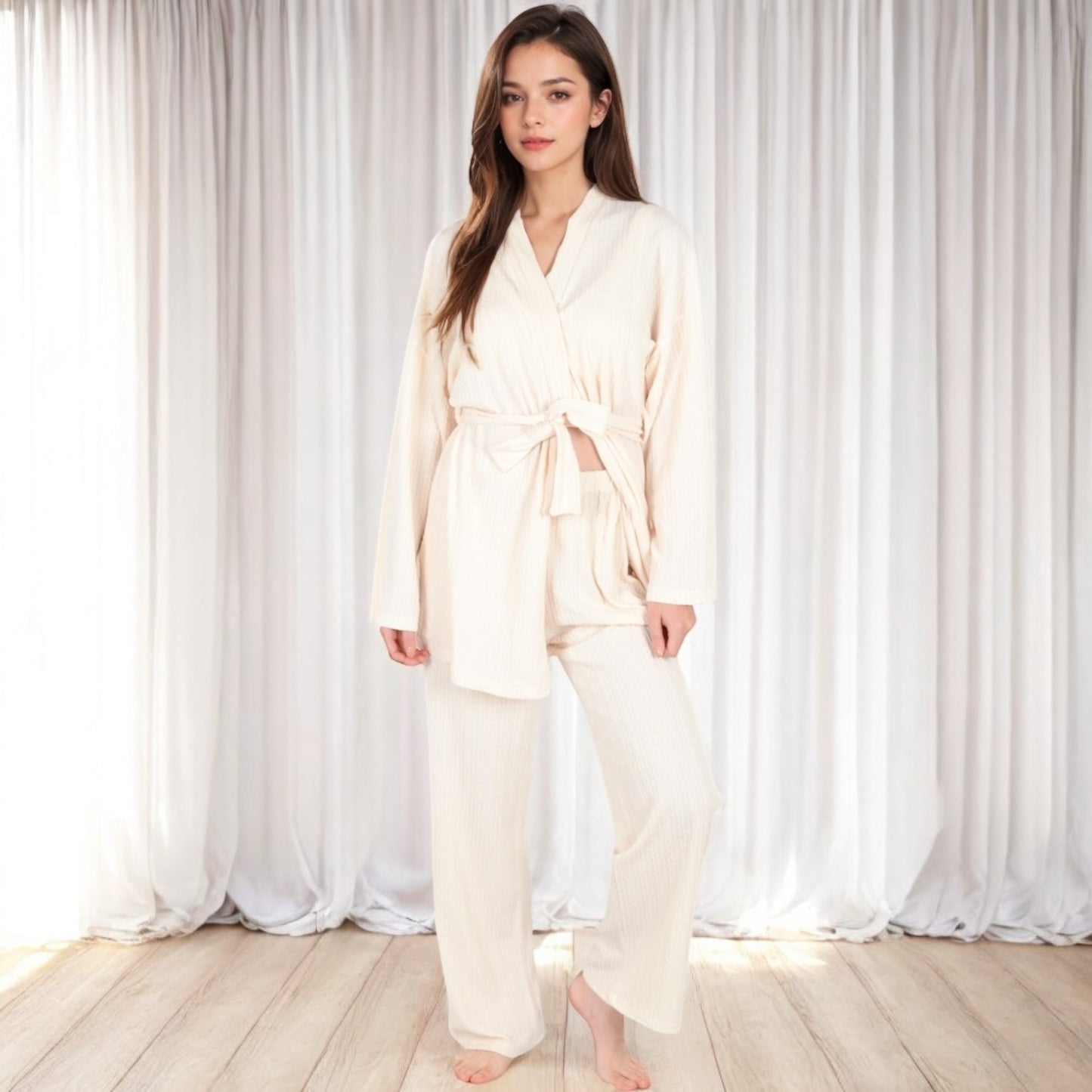 Anna-Kaci Women's 3-Piece Lounge Set with Tie-Front Cardigan and Ribbed Pants