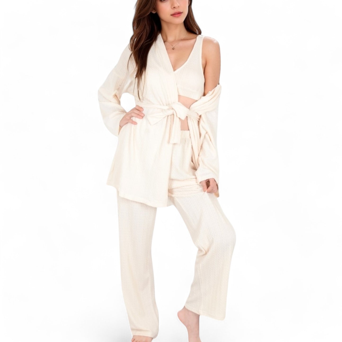 Anna-Kaci Women's 3-Piece Lounge Set with Tie-Front Cardigan and Ribbed Pants