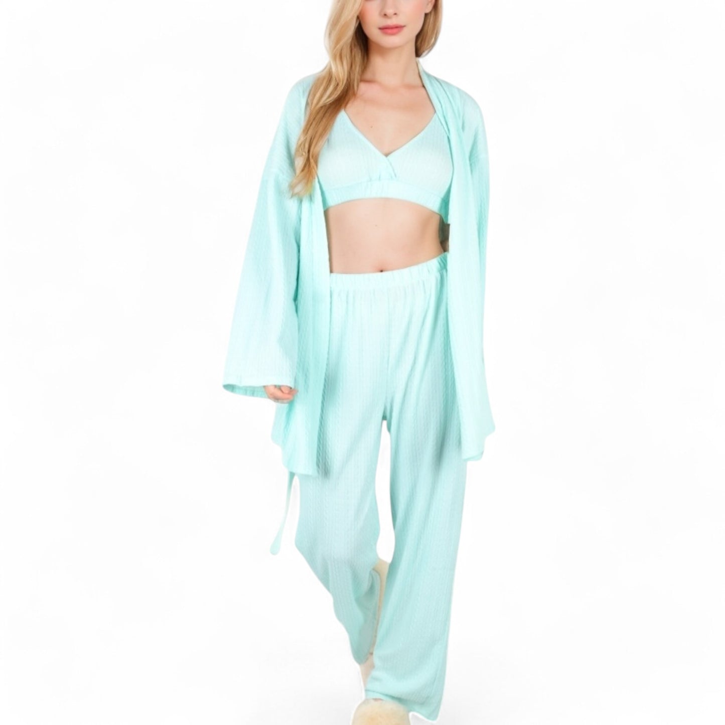 Anna-Kaci Women's 3-Piece Lounge Set with Tie-Front Cardigan and Ribbed Pants