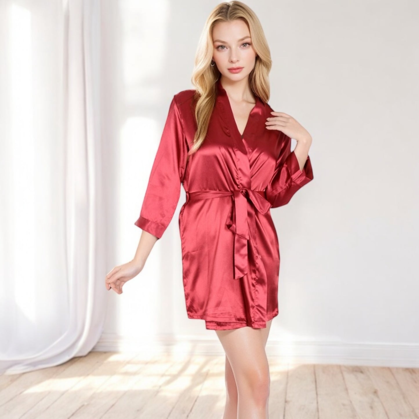 Anna-Kaci Women's Short Satin Robe with Waist Tie and Three-Quarter Sleeves