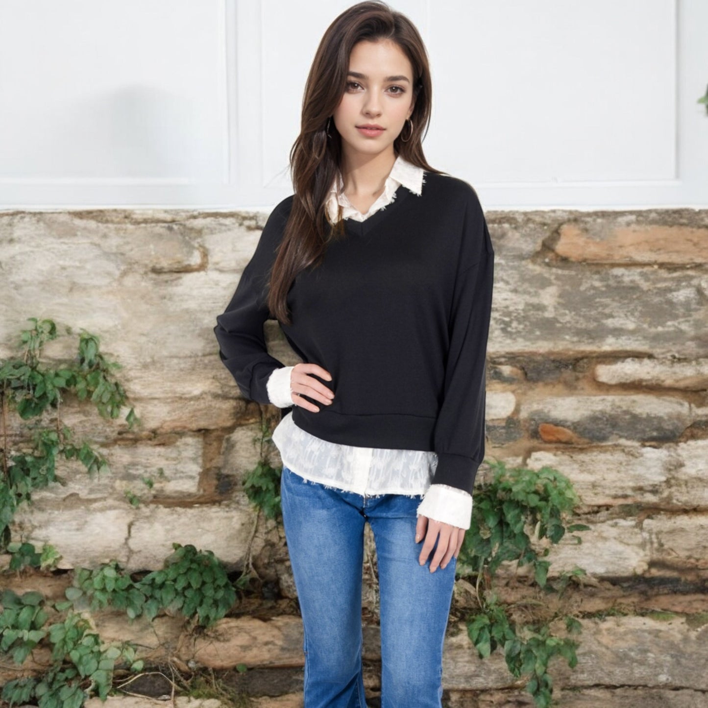 Anna-Kaci Women's V-Neck Top with White Lace Trim and Button Cuffs