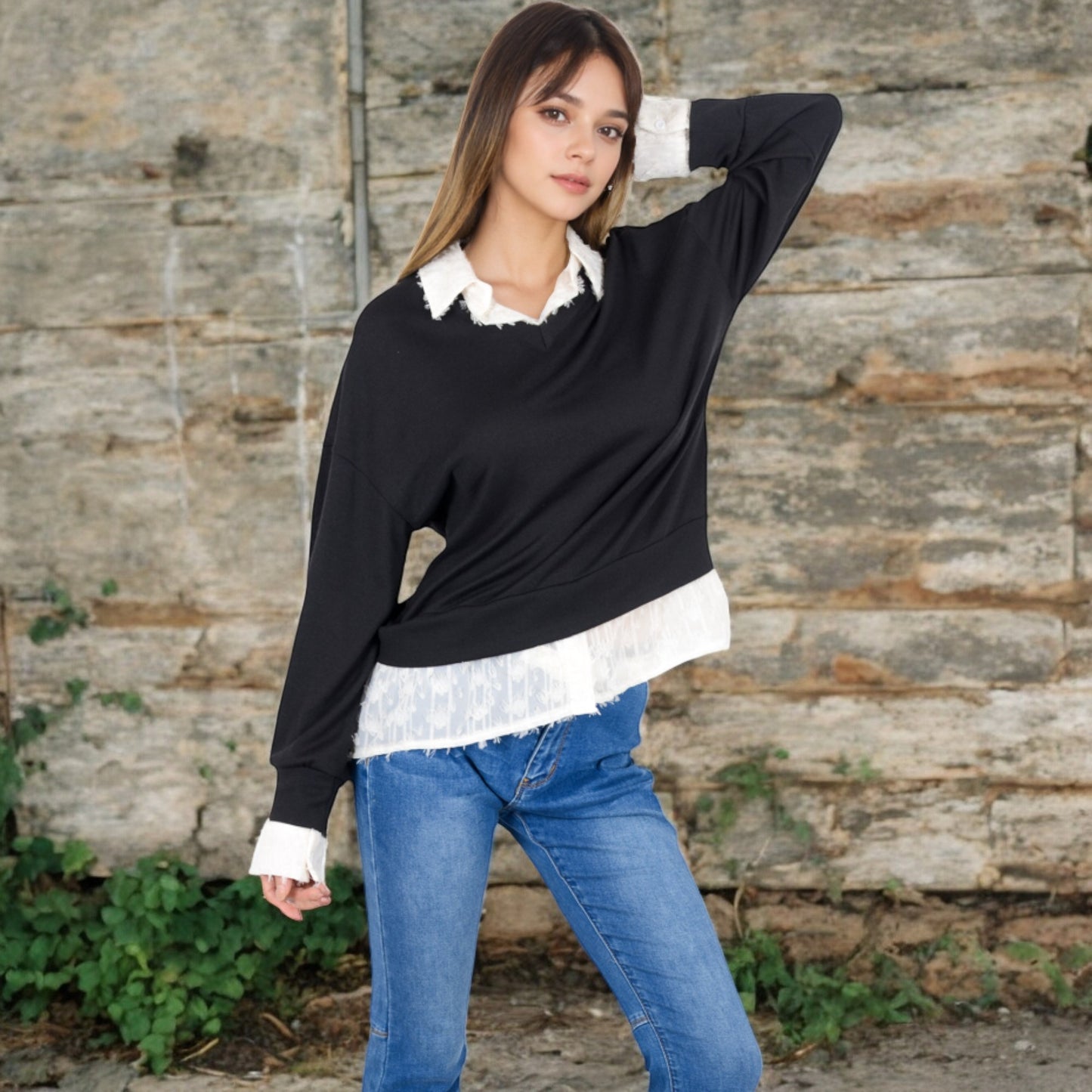 Anna-Kaci Women's V-Neck Top with White Lace Trim and Button Cuffs