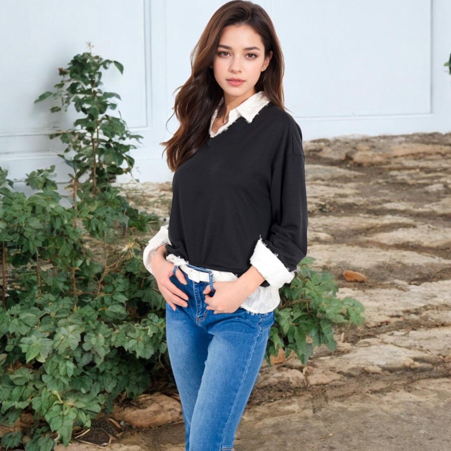 Anna-Kaci Women's V-Neck Top with White Lace Trim and Button Cuffs