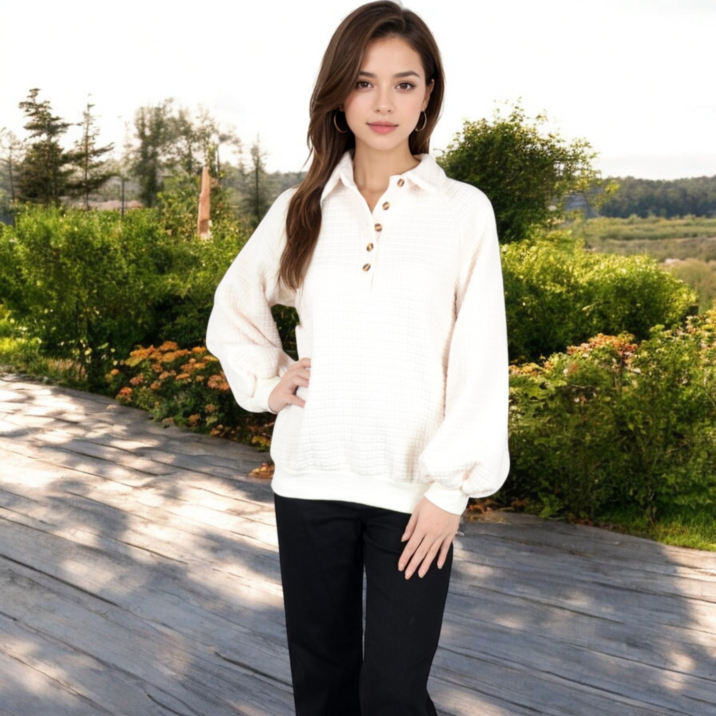 Anna-Kaci Women's Waffle Knit Pullover with Button-Down Collar and Balloon Sleeves