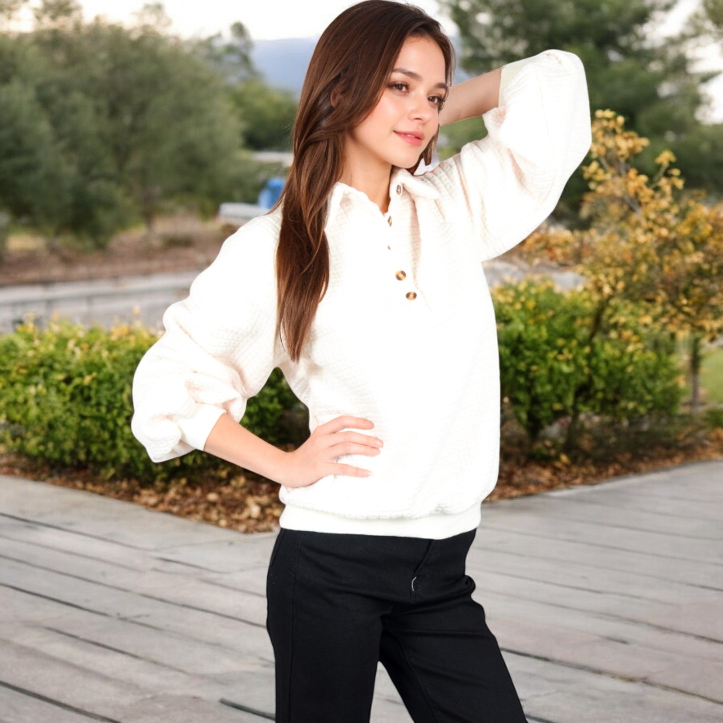 Anna-Kaci Women's Waffle Knit Pullover with Button-Down Collar and Balloon Sleeves