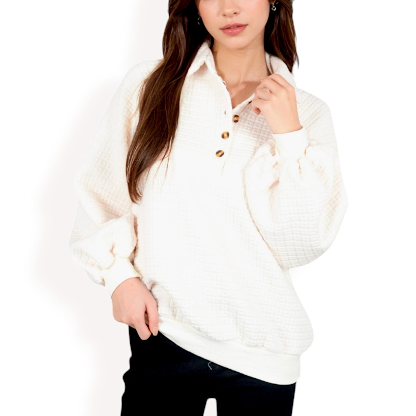 Anna-Kaci Women's Waffle Knit Pullover with Button-Down Collar and Balloon Sleeves