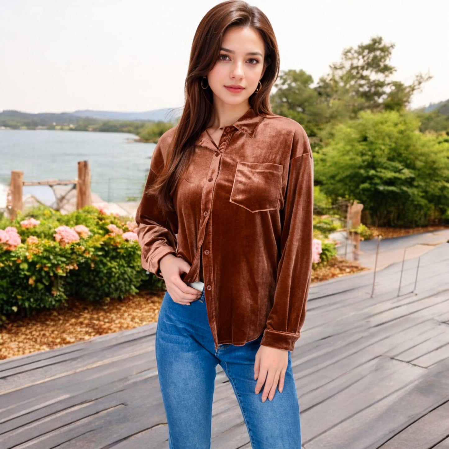 Anna-Kaci Women's Velvet Long Sleeve Button-Up Shirt with Chest Pocket and Collared Neck