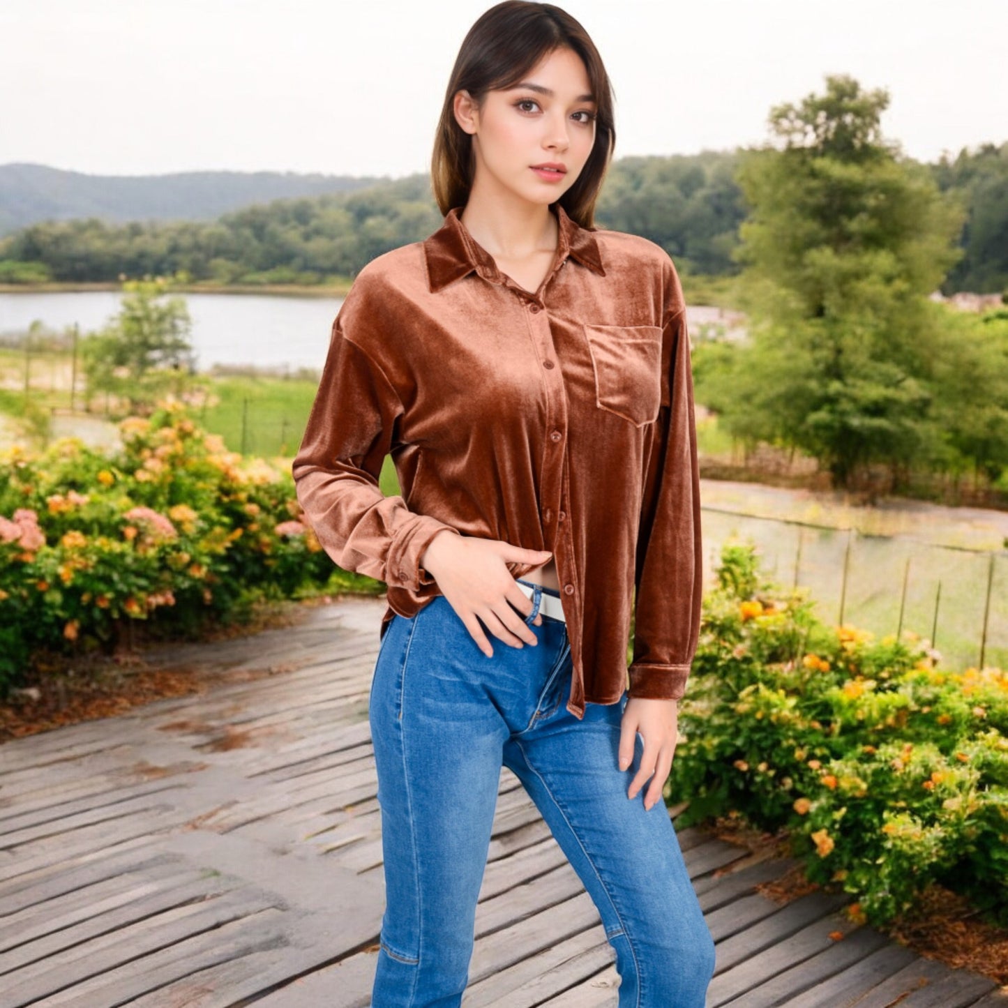 Anna-Kaci Women's Velvet Long Sleeve Button-Up Shirt with Chest Pocket and Collared Neck