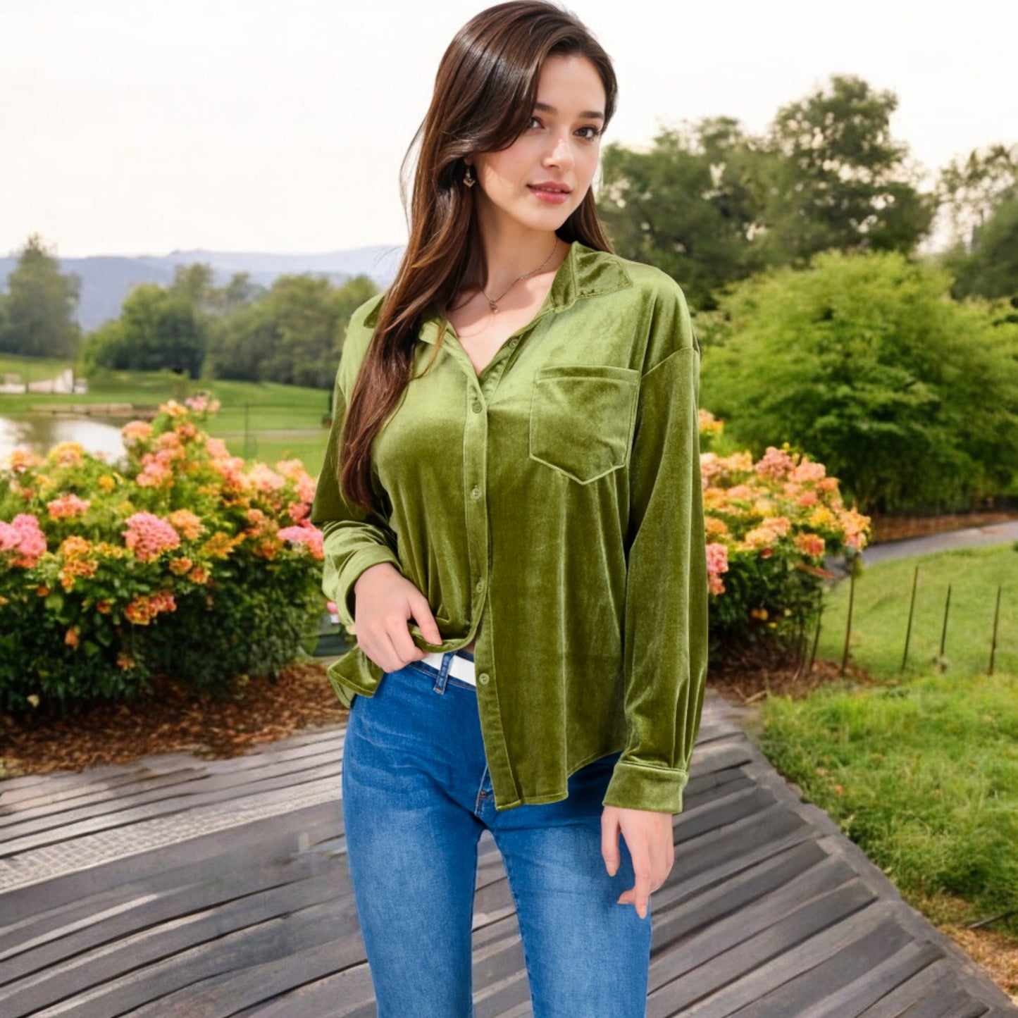 Anna-Kaci Women's Velvet Long Sleeve Button-Up Shirt with Chest Pocket and Collared Neck
