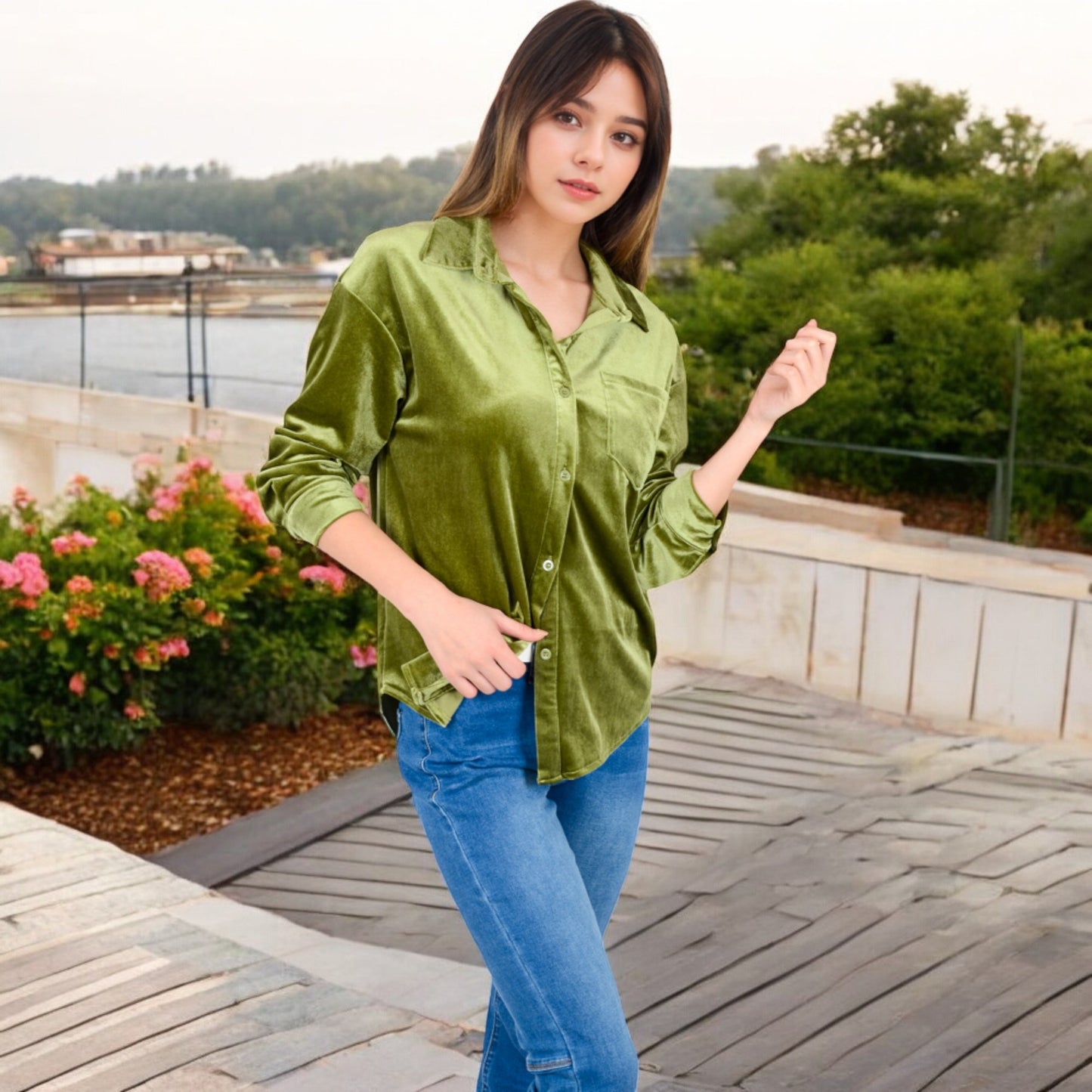 Anna-Kaci Women's Velvet Long Sleeve Button-Up Shirt with Chest Pocket and Collared Neck