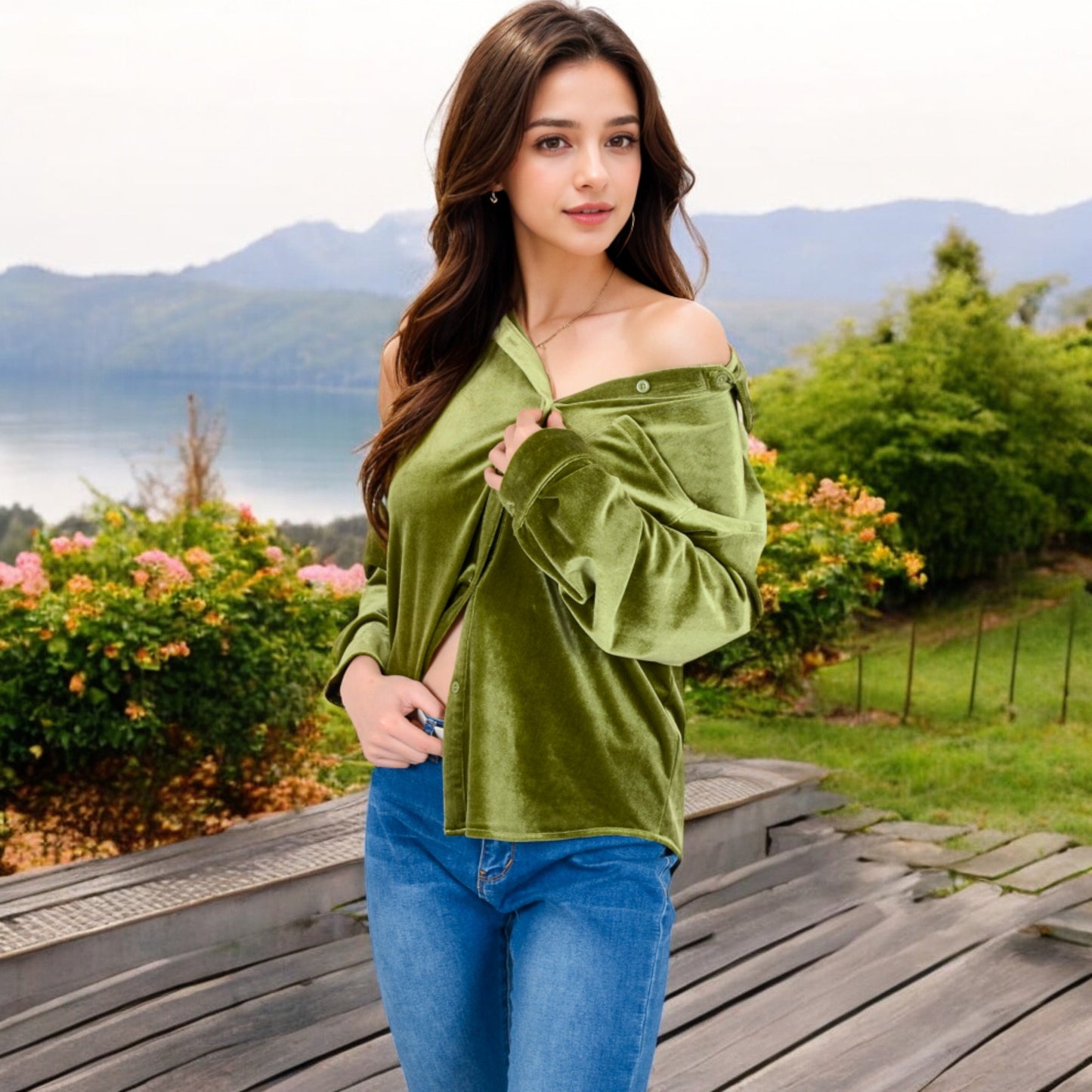 Anna-Kaci Women's Velvet Long Sleeve Button-Up Shirt with Chest Pocket and Collared Neck