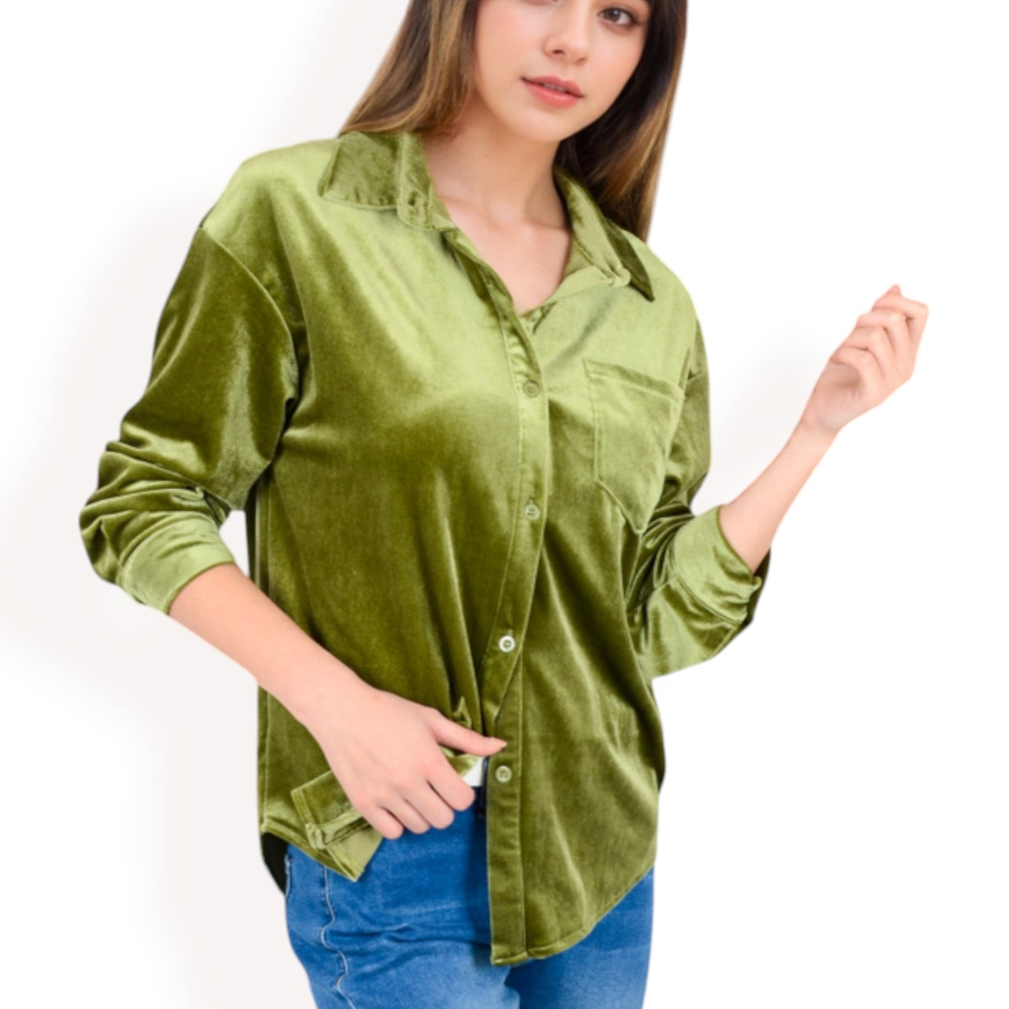Anna-Kaci Women's Velvet Long Sleeve Button-Up Shirt with Chest Pocket and Collared Neck