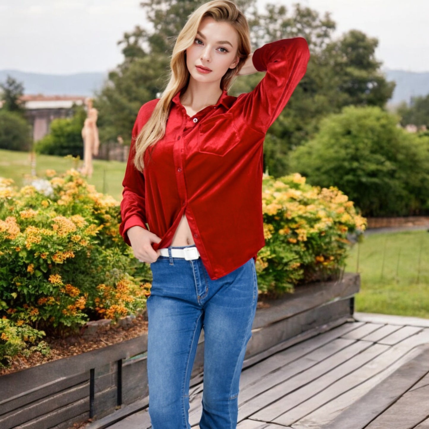 Anna-Kaci Women's Velvet Long Sleeve Button-Up Shirt with Chest Pocket and Collared Neck