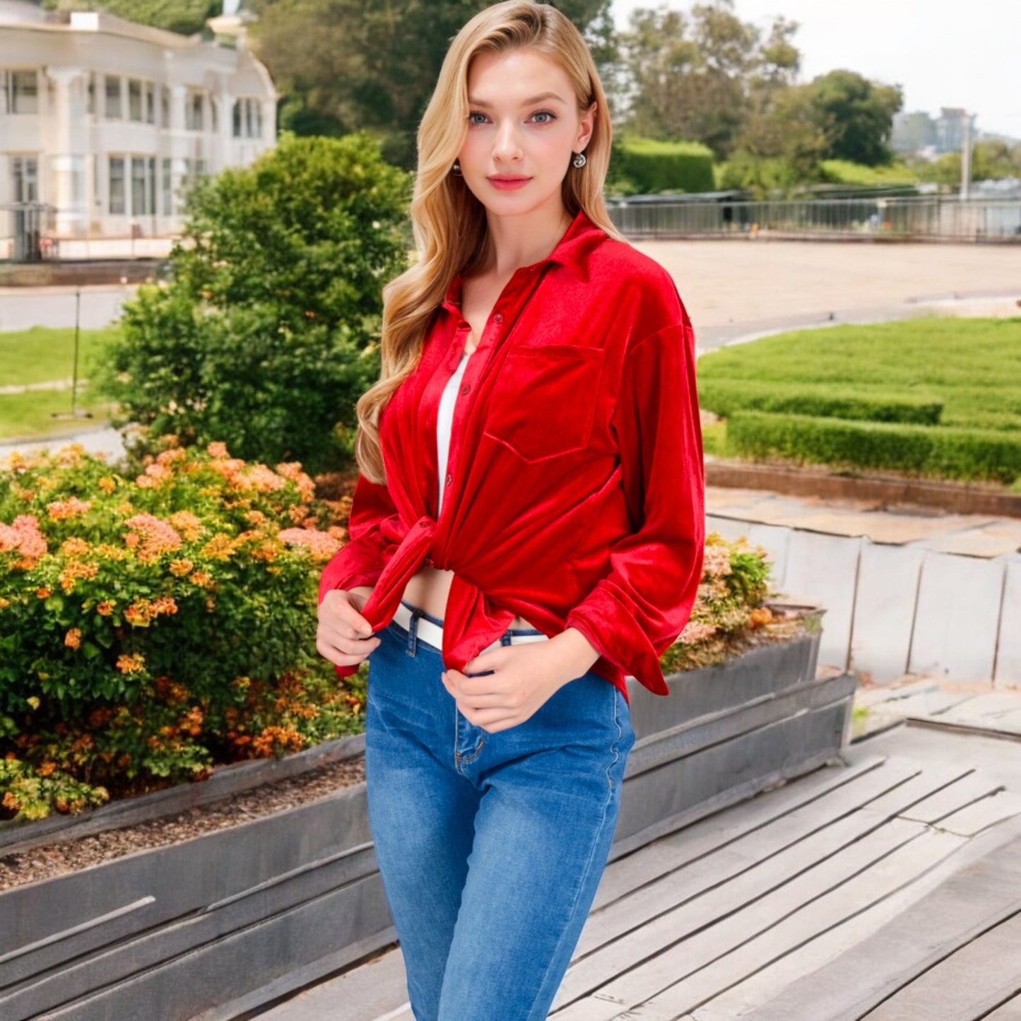 Anna-Kaci Women's Velvet Long Sleeve Button-Up Shirt with Chest Pocket and Collared Neck