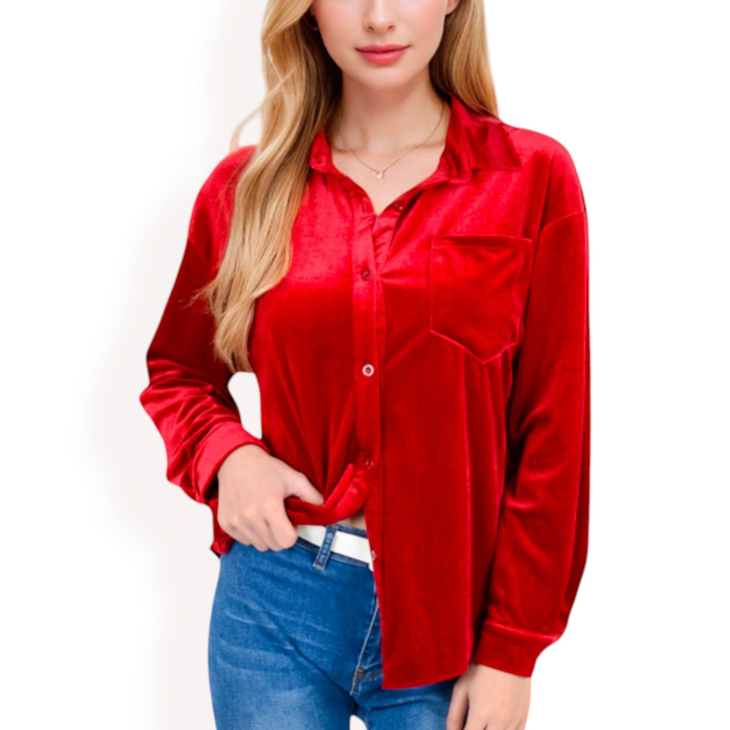 Anna-Kaci Women's Velvet Long Sleeve Button-Up Shirt with Chest Pocket and Collared Neck