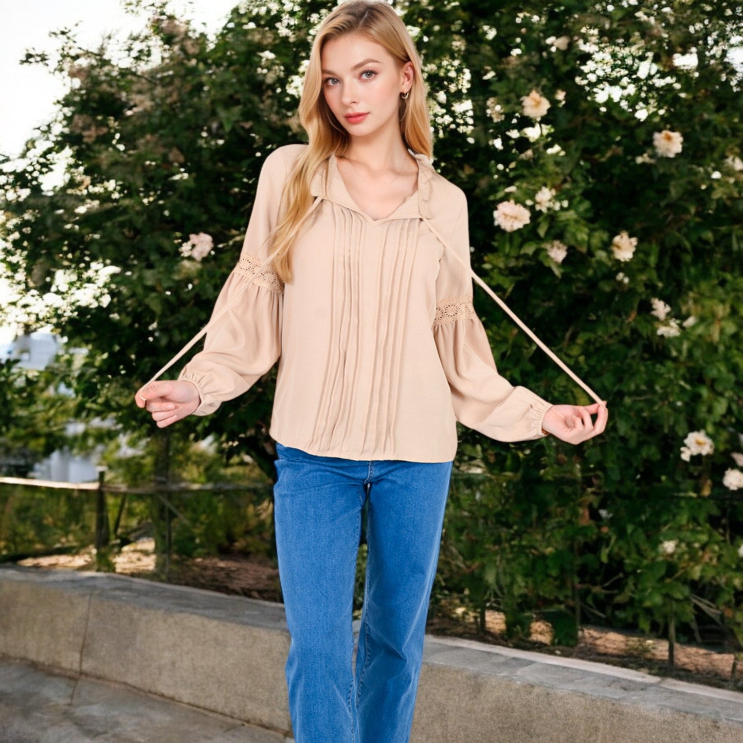 Anna-Kaci Women's Long Sleeve Pleated Blouse with Lace Detail and Tie Neck