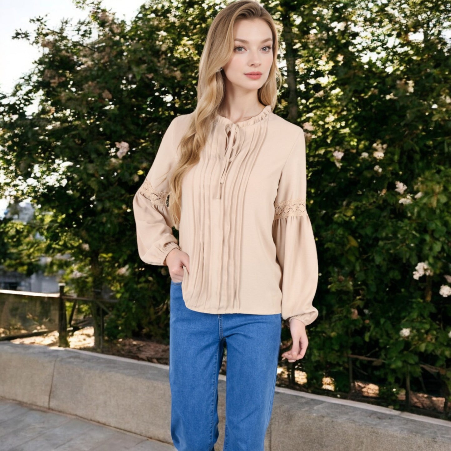 Anna-Kaci Women's Long Sleeve Pleated Blouse with Lace Detail and Tie Neck