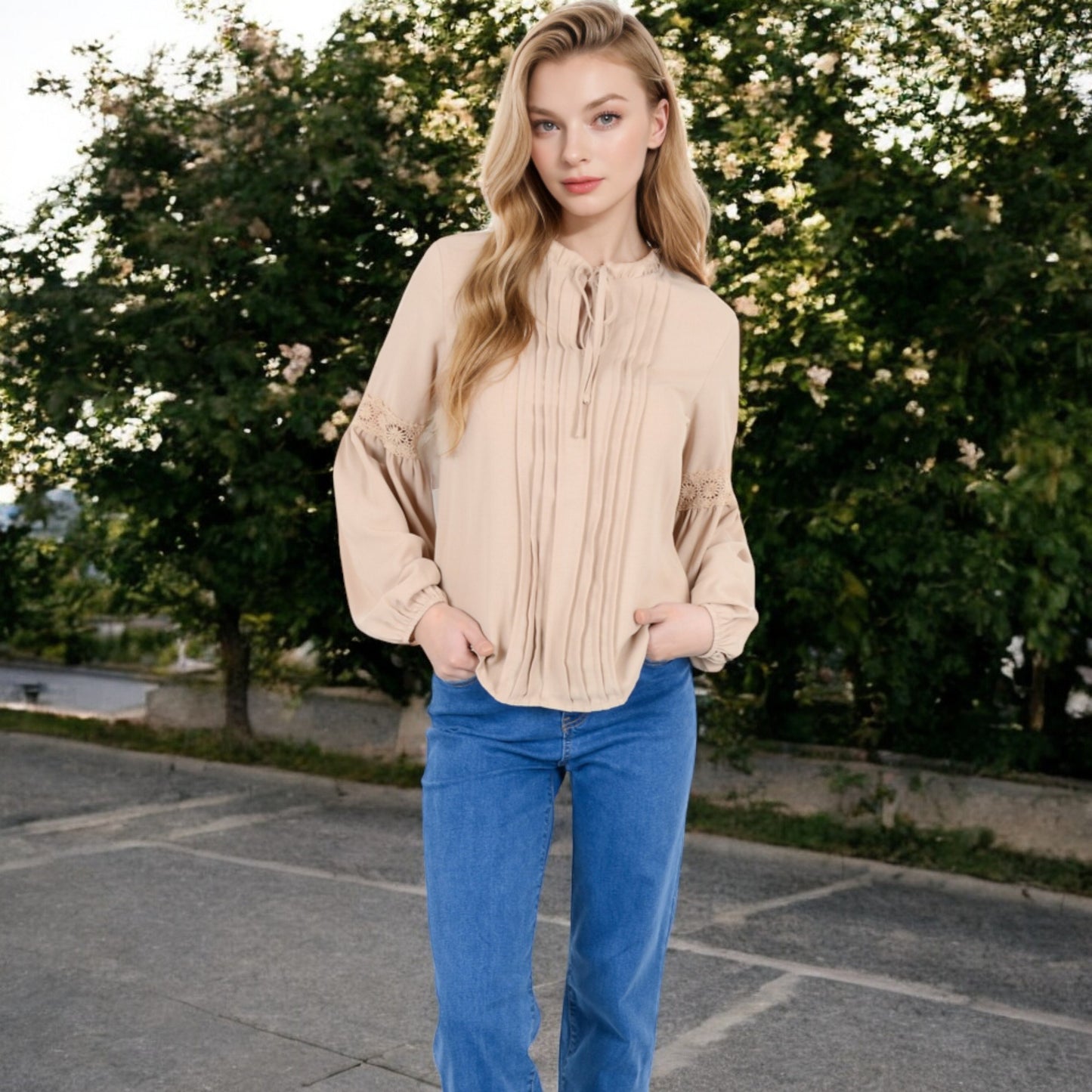 Anna-Kaci Women's Long Sleeve Pleated Blouse with Lace Detail and Tie Neck