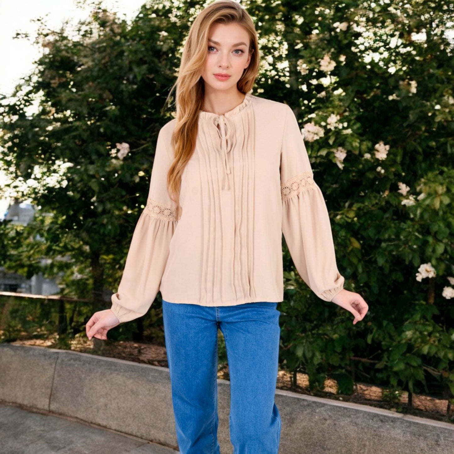 Anna-Kaci Women's Long Sleeve Pleated Blouse with Lace Detail and Tie Neck