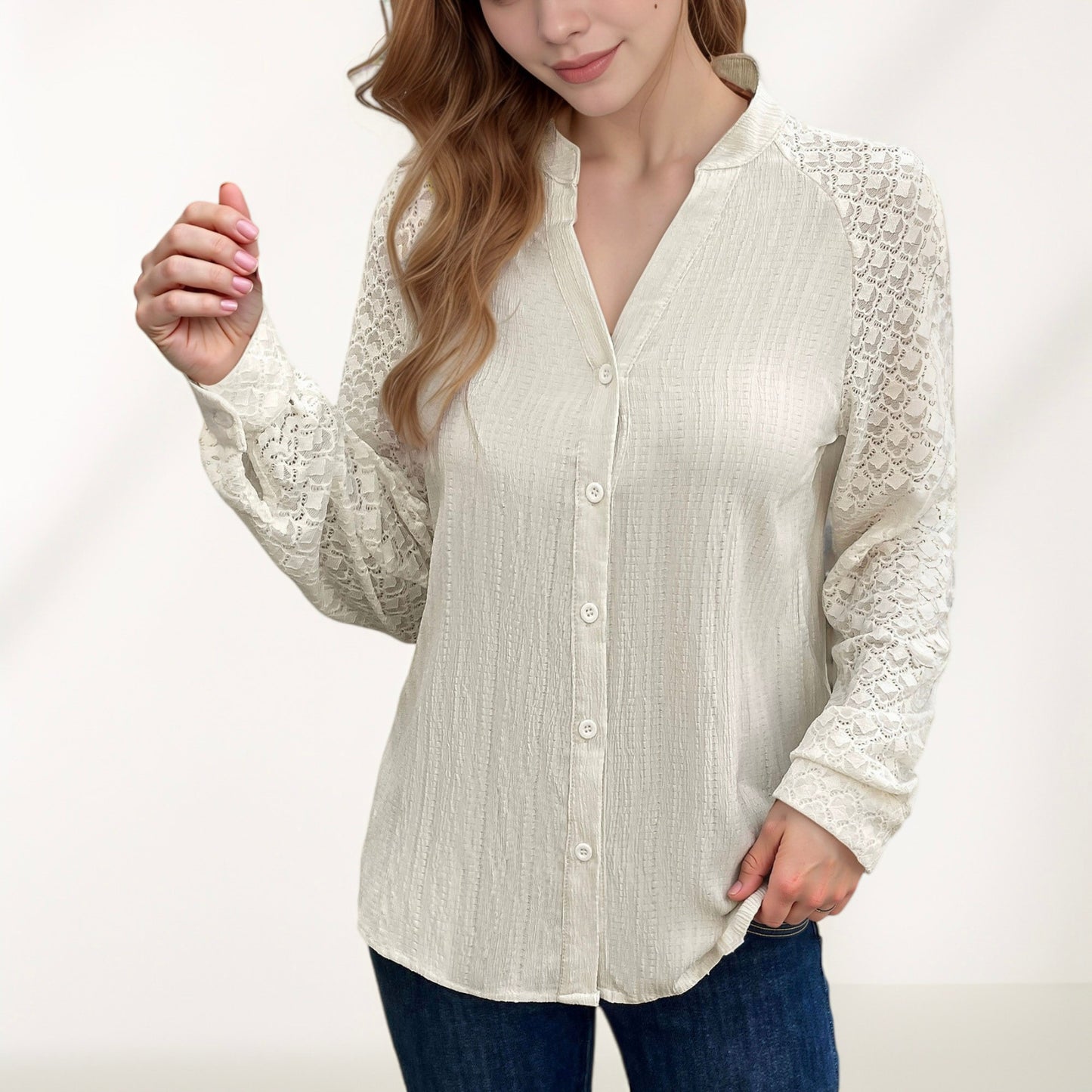Anna-Kaci Women's Button-Down Shirt with Textured Body and Long Lace Sleeves