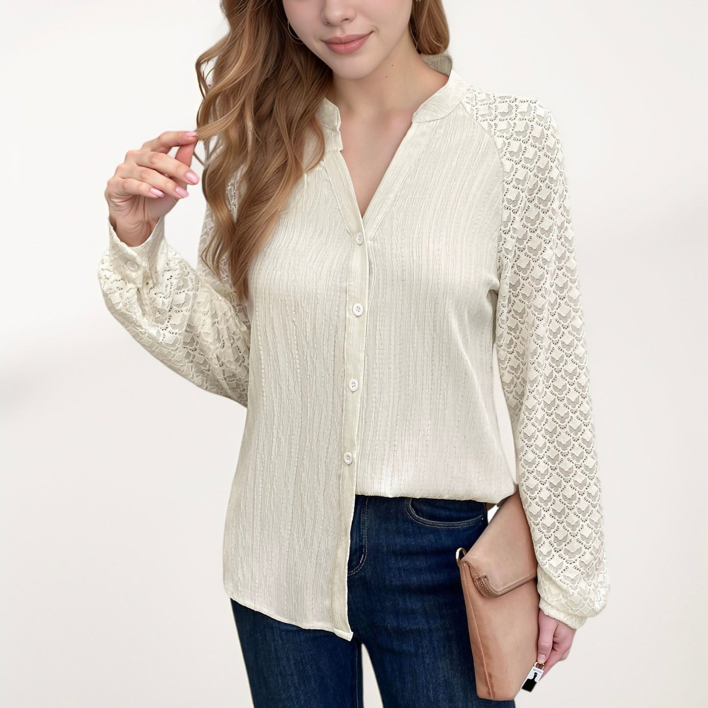 Anna-Kaci Women's Button-Down Shirt with Textured Body and Long Lace Sleeves