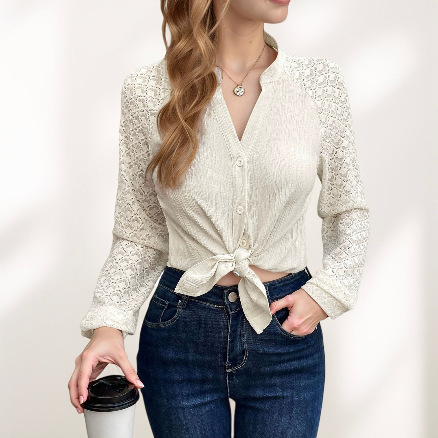 Anna-Kaci Women's Button-Down Shirt with Textured Body and Long Lace Sleeves