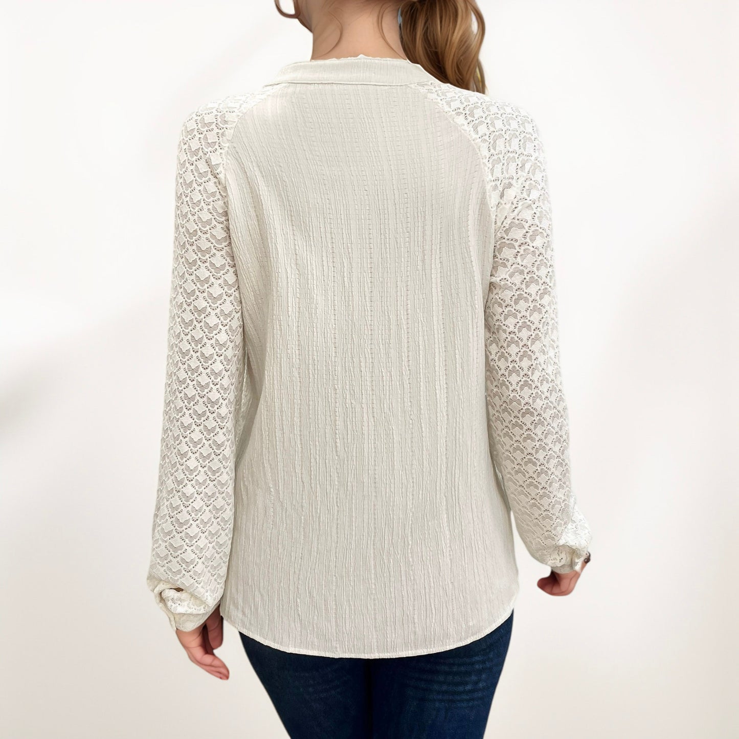 Anna-Kaci Women's Button-Down Shirt with Textured Body and Long Lace Sleeves