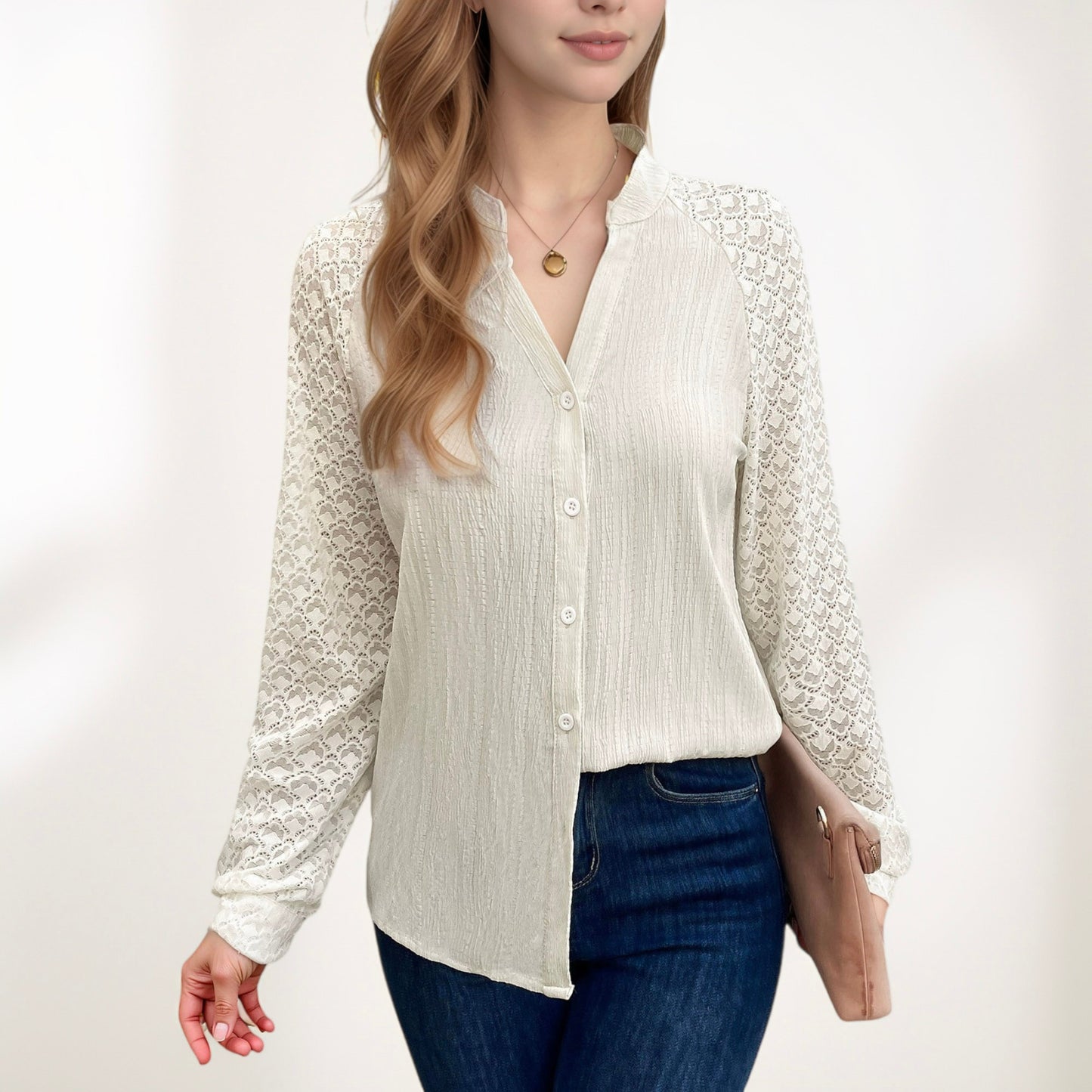 Anna-Kaci Women's Button-Down Shirt with Textured Body and Long Lace Sleeves