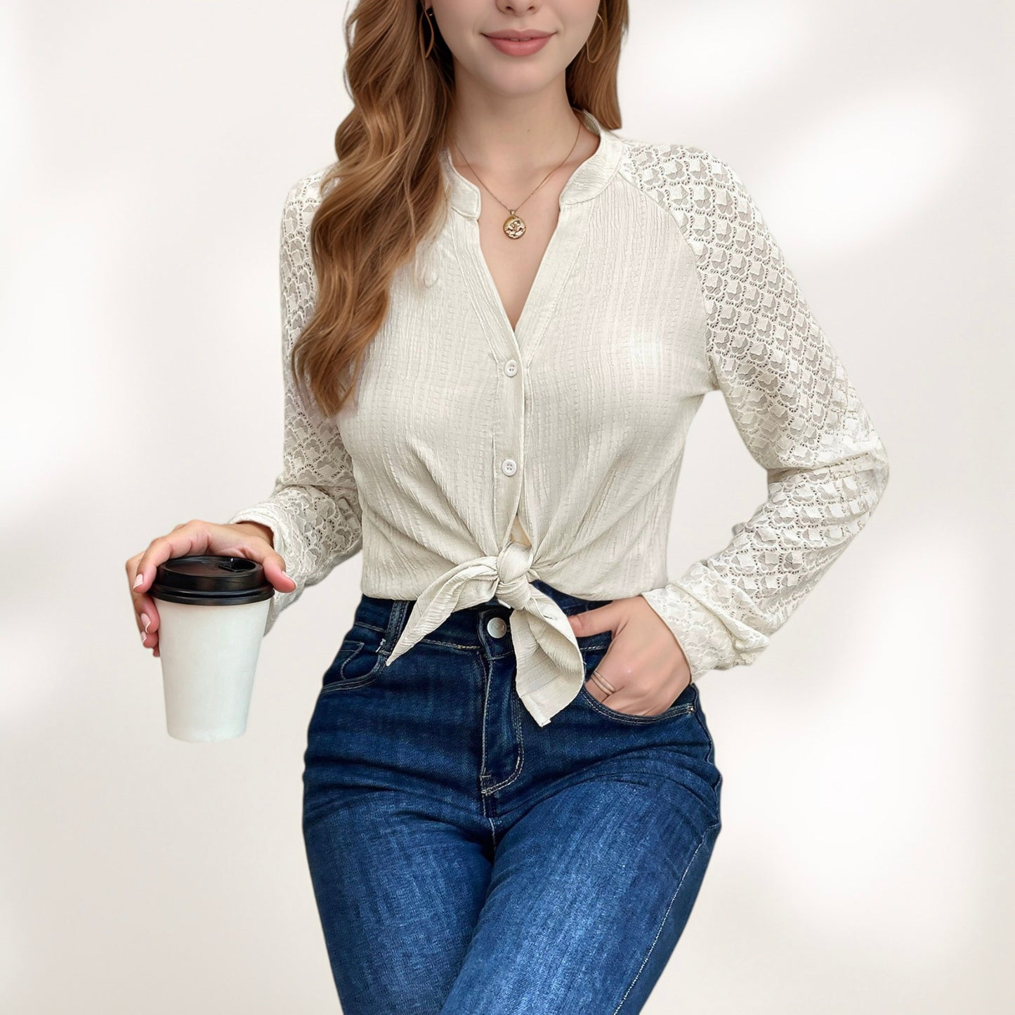 Anna-Kaci Women's Button-Down Shirt with Textured Body and Long Lace Sleeves