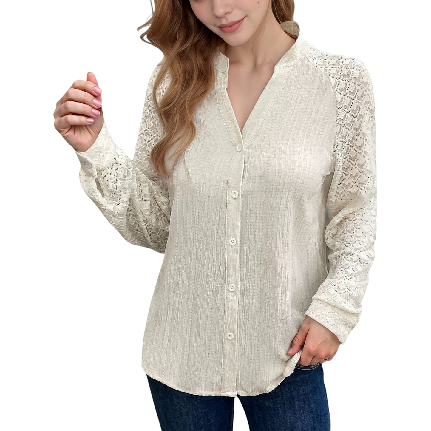 Anna-Kaci Women's Button-Down Shirt with Textured Body and Long Lace Sleeves