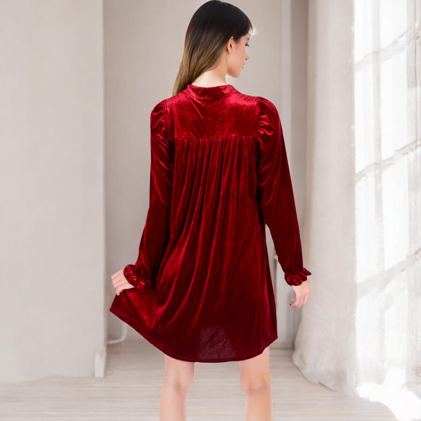 Anna-Kaci Women's Velvet Dress with V-Neck and Long Sleeves