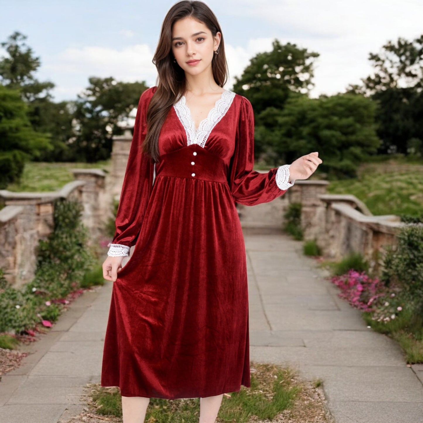 Anna-Kaci Women's Velvet Dress with Lace Trim and Button Detail