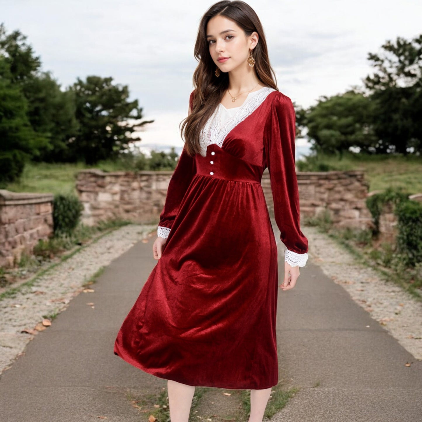 Anna-Kaci Women's Velvet Dress with Lace Trim and Button Detail