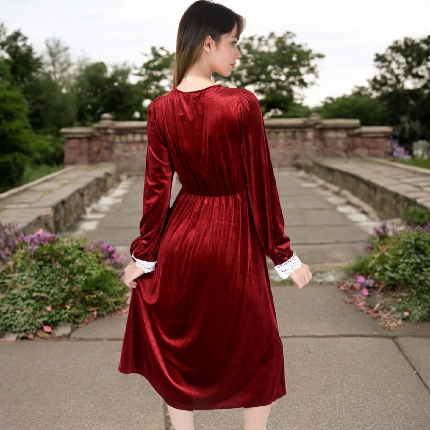 Anna-Kaci Women's Velvet Dress with Lace Trim and Button Detail