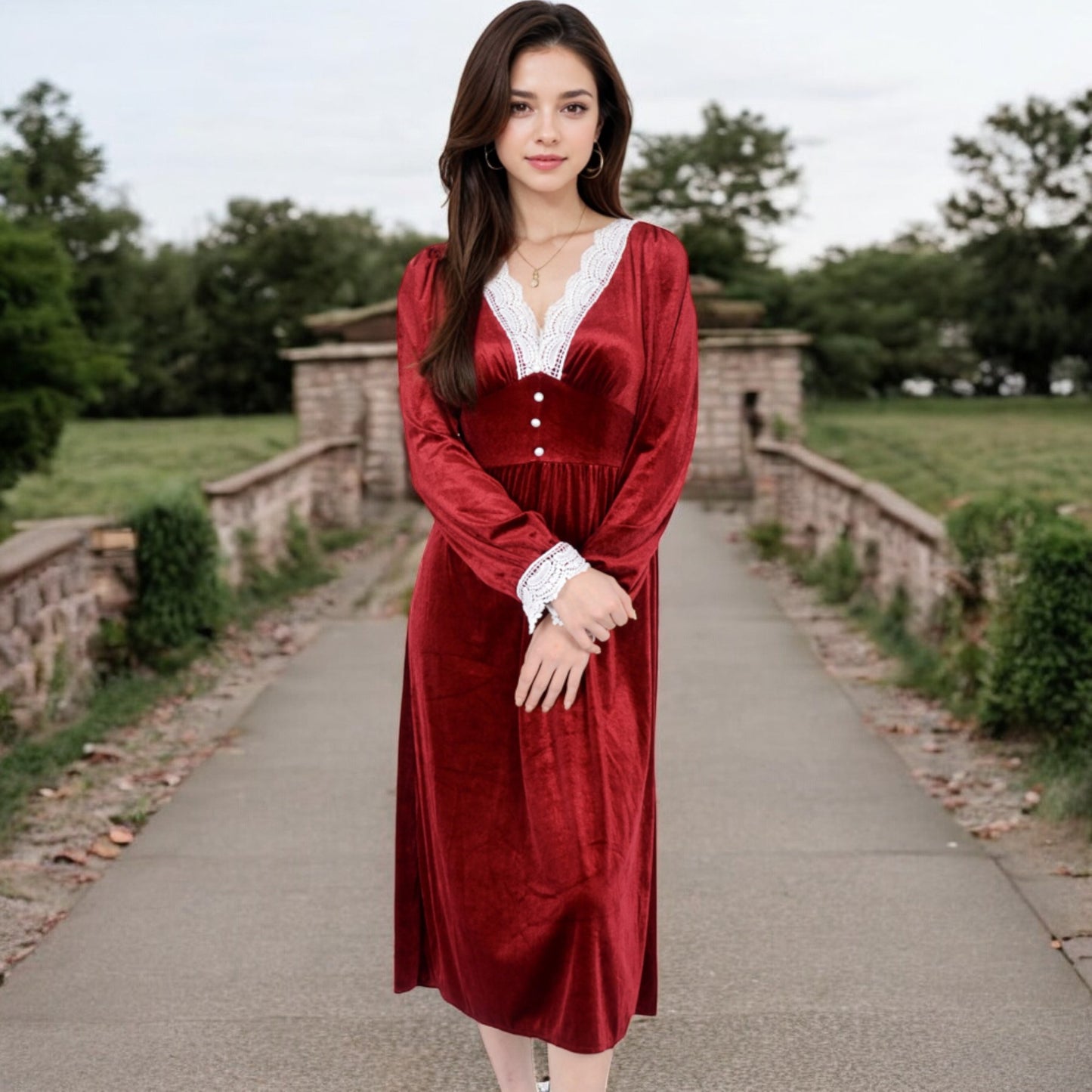 Anna-Kaci Women's Velvet Dress with Lace Trim and Button Detail