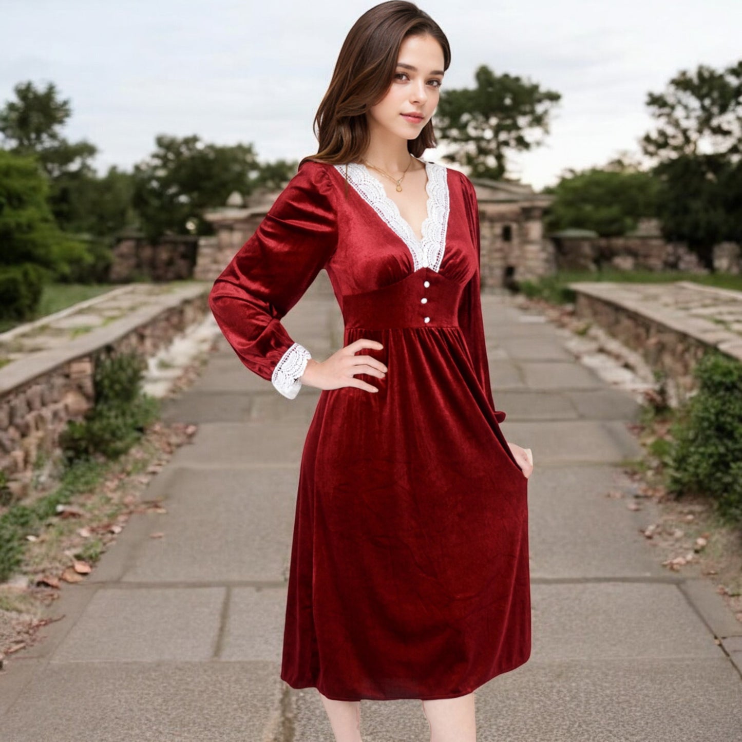 Anna-Kaci Women's Velvet Dress with Lace Trim and Button Detail