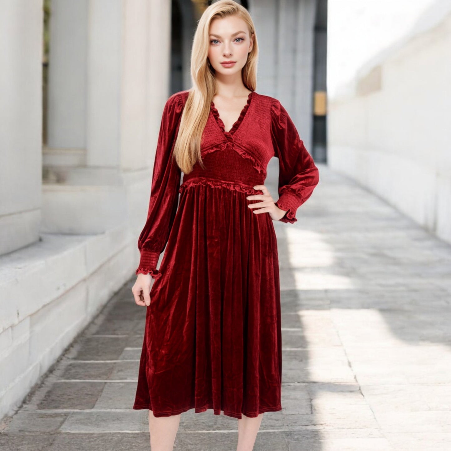 Anna-Kaci Women's Velvet Dress with Smocked Bodice and Ruffled V-Neck