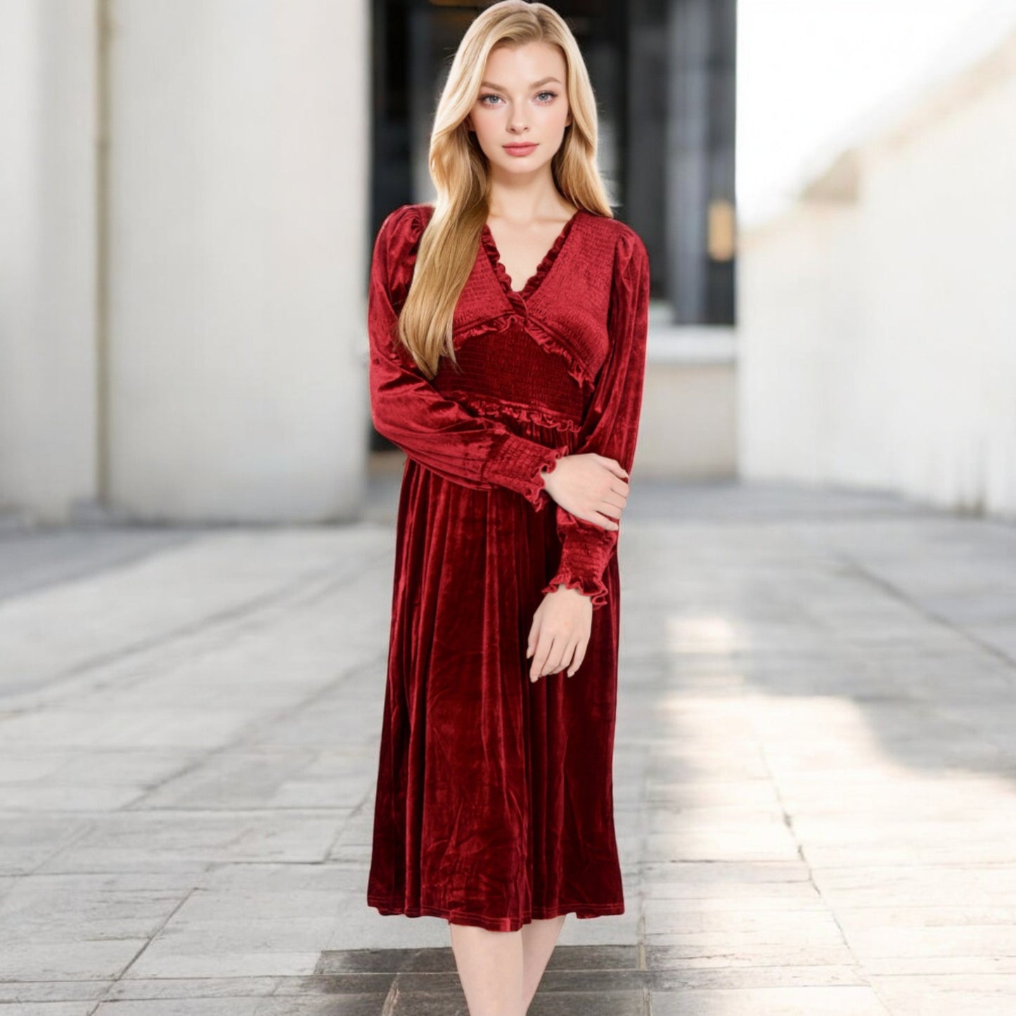 Anna-Kaci Women's Velvet Dress with Smocked Bodice and Ruffled V-Neck
