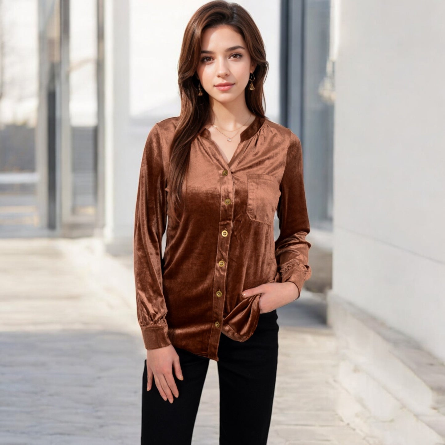 Anna-Kaci Women's Velvet Button-Down Shirt with Chest Pocket