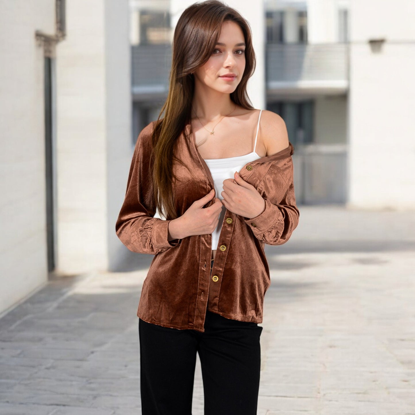 Anna-Kaci Women's Velvet Button-Down Shirt with Chest Pocket