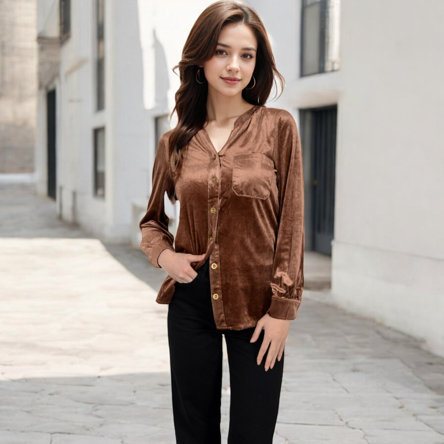 Anna-Kaci Women's Velvet Button-Down Shirt with Chest Pocket