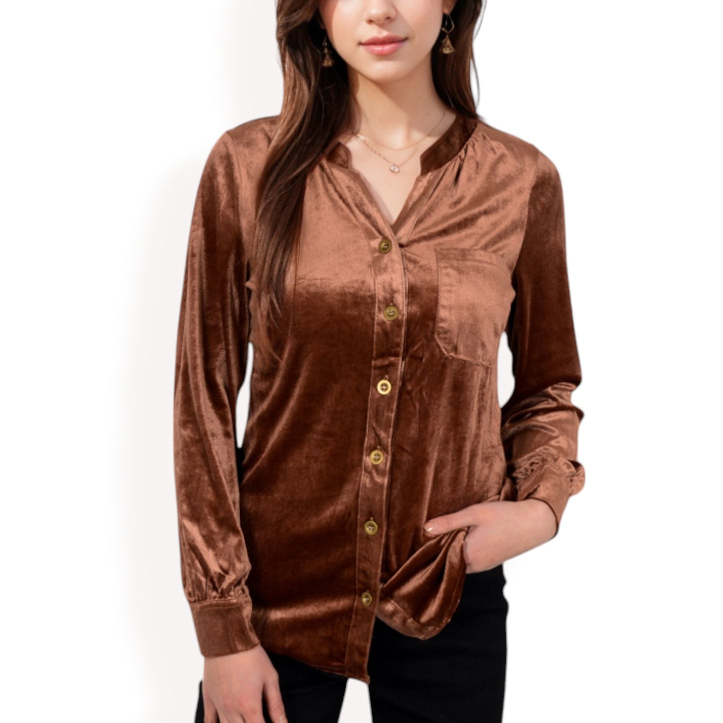 Anna-Kaci Women's Velvet Button-Down Shirt with Chest Pocket