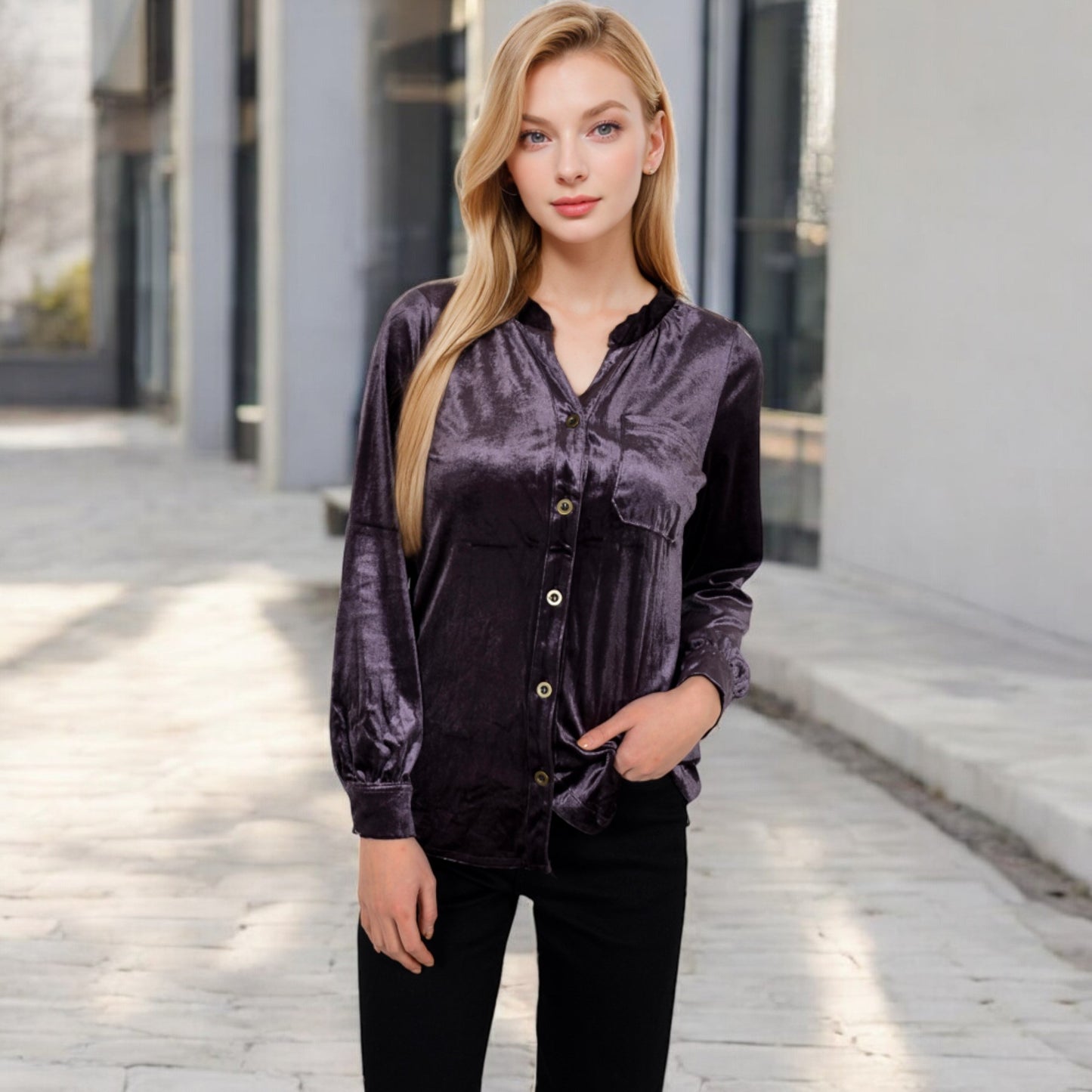 Anna-Kaci Women's Velvet Button-Down Shirt with Chest Pocket