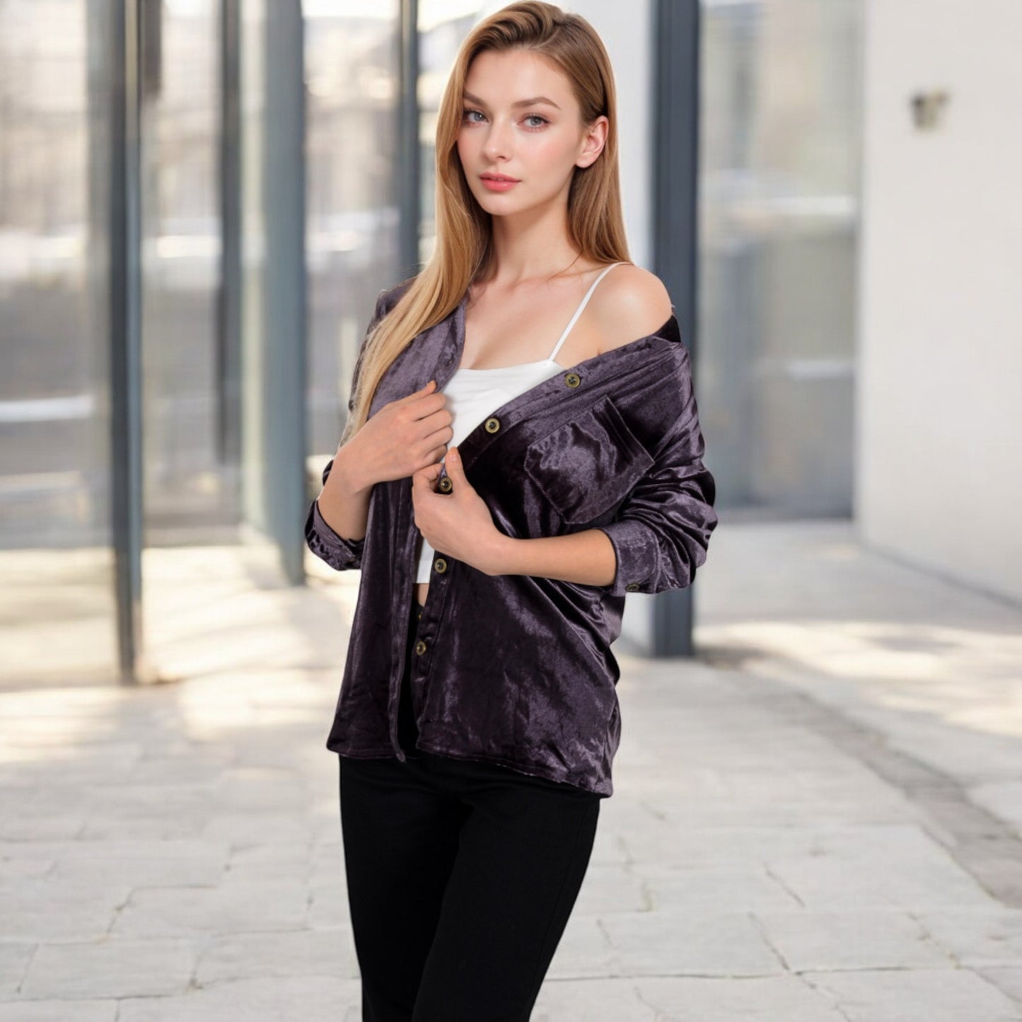 Anna-Kaci Women's Velvet Button-Down Shirt with Chest Pocket