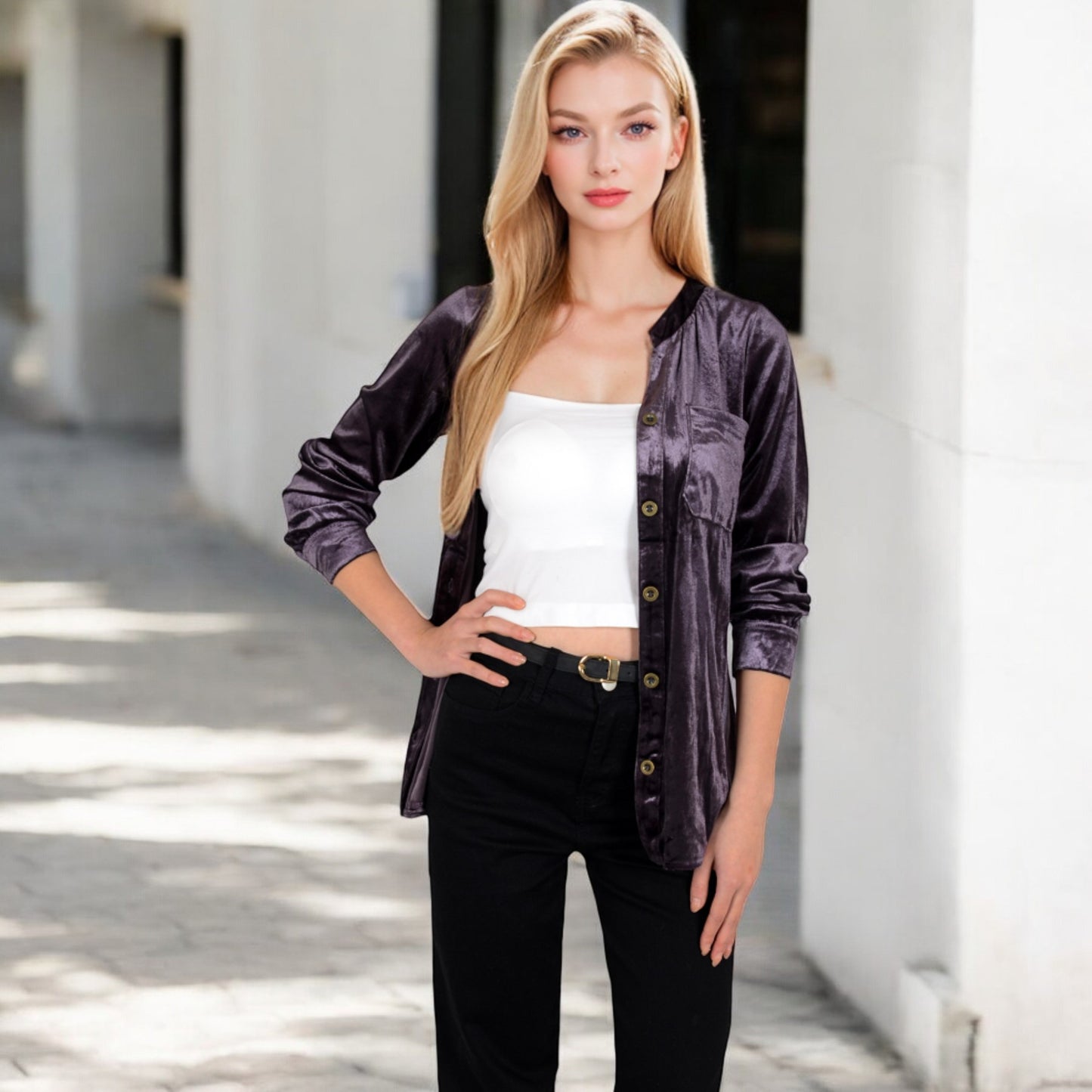 Anna-Kaci Women's Velvet Button-Down Shirt with Chest Pocket