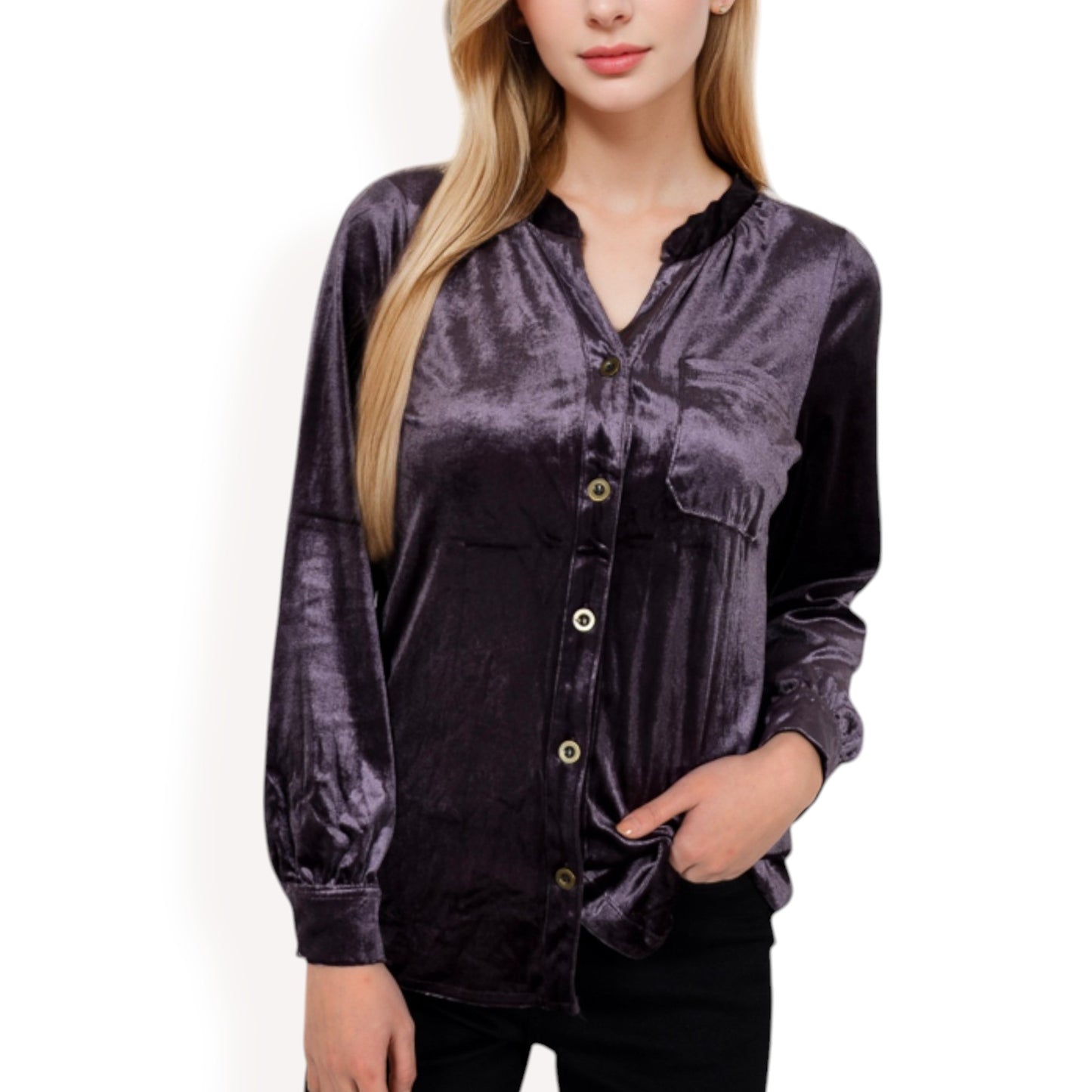 Anna-Kaci Women's Velvet Button-Down Shirt with Chest Pocket