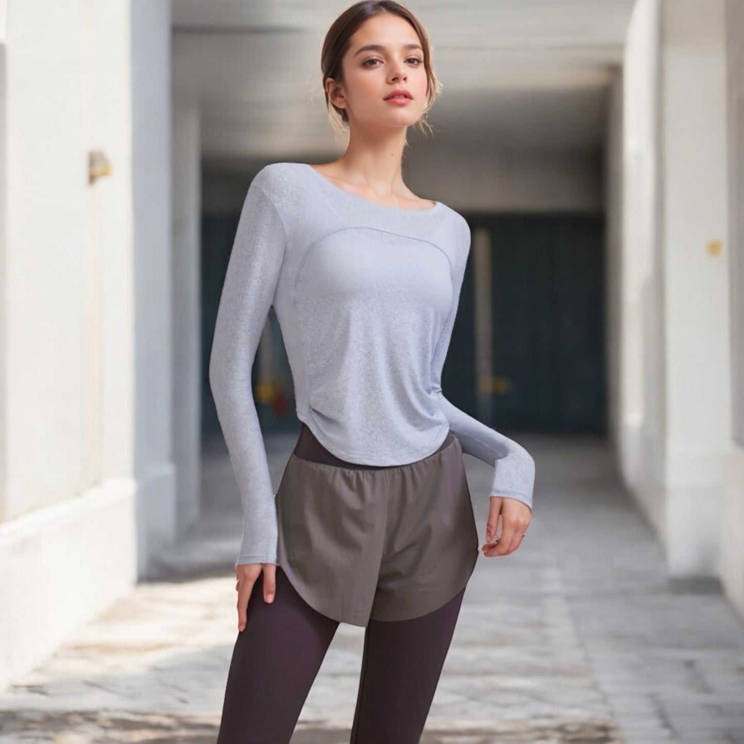 Anna-Kaci Women's Long Sleeve Fitted Activewear Top with Side Ruching and Scoop Neck