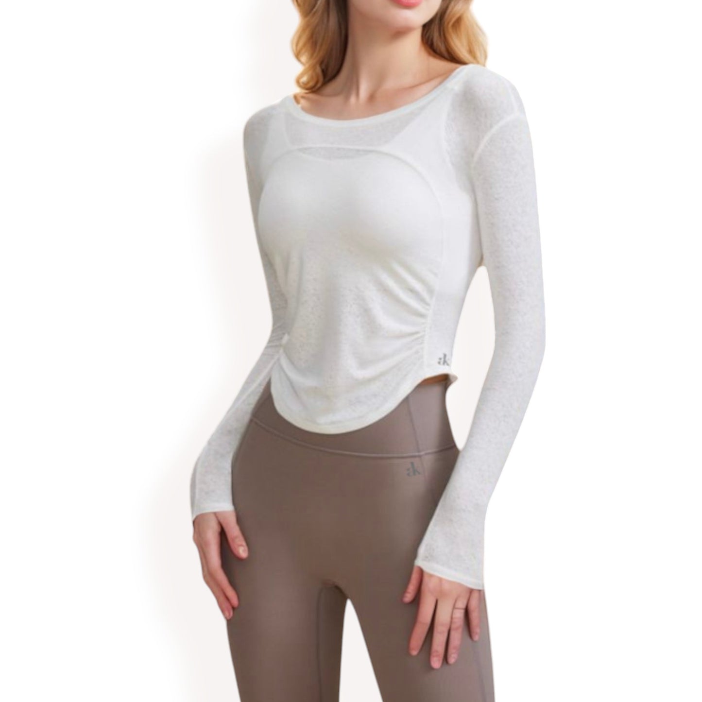 Anna-Kaci Women's Long Sleeve Fitted Activewear Top with Side Ruching and Scoop Neck