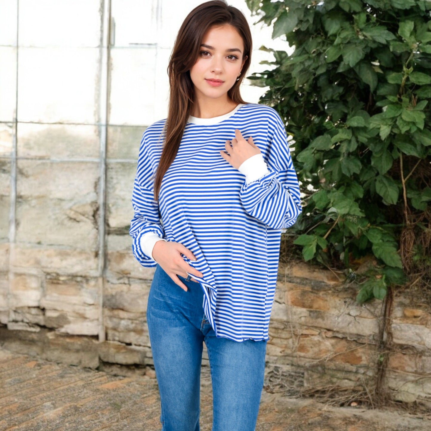 Anna-Kaci Women's Striped Long Sleeve Oversized Pullover Top with Ribbed Crew Neck