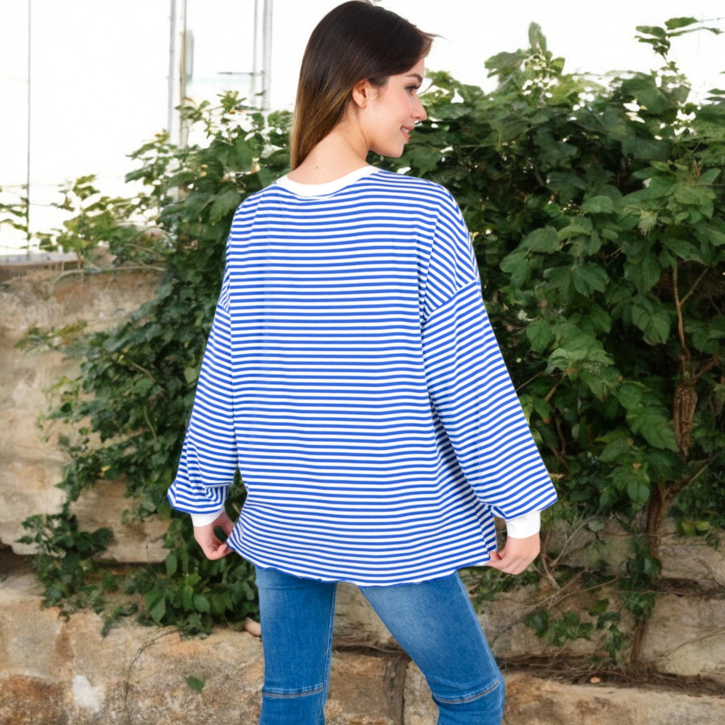 Anna-Kaci Women's Striped Long Sleeve Oversized Pullover Top with Ribbed Crew Neck